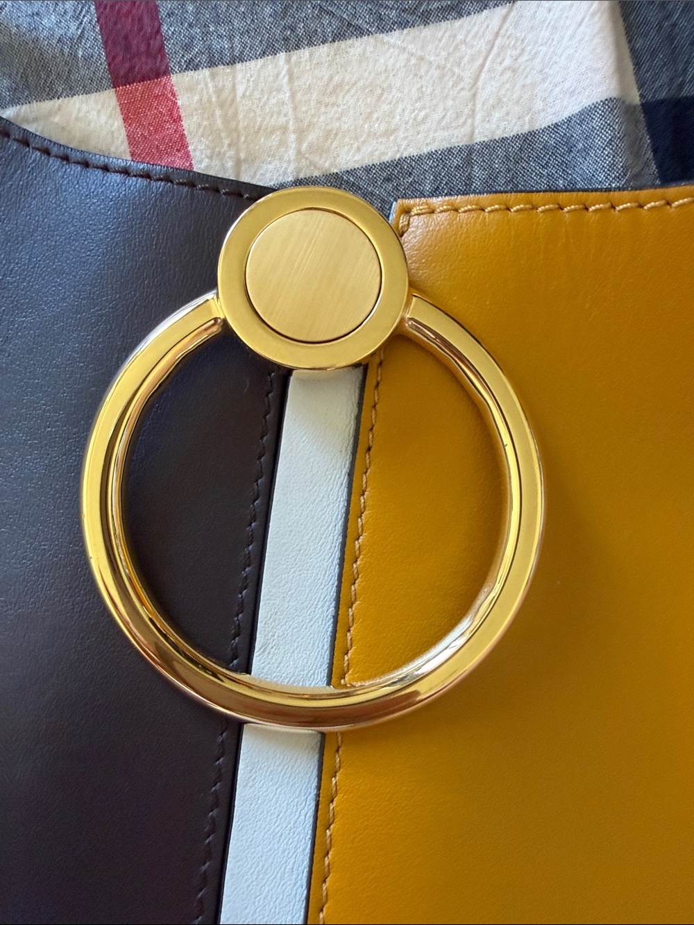 Marni Two-Tone Mustard and Dark Brown Leather Shoulder Bag with Gold Ring - Picture 3 of 5